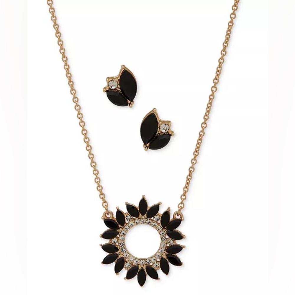 Anne Klein Gold-Tone Jet Crystal Cluster Pendant Necklace & Drop Earrings Set